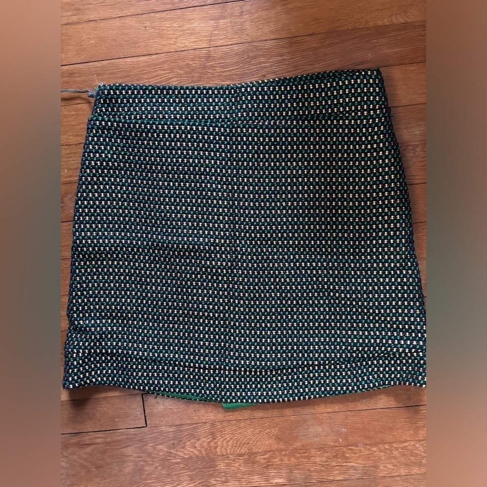 NWT 12 Eva Franco Fern Dot Tweed Faux-Wrap Skirt Green Navy Gold Easy Throw On - Picture 7 of 7